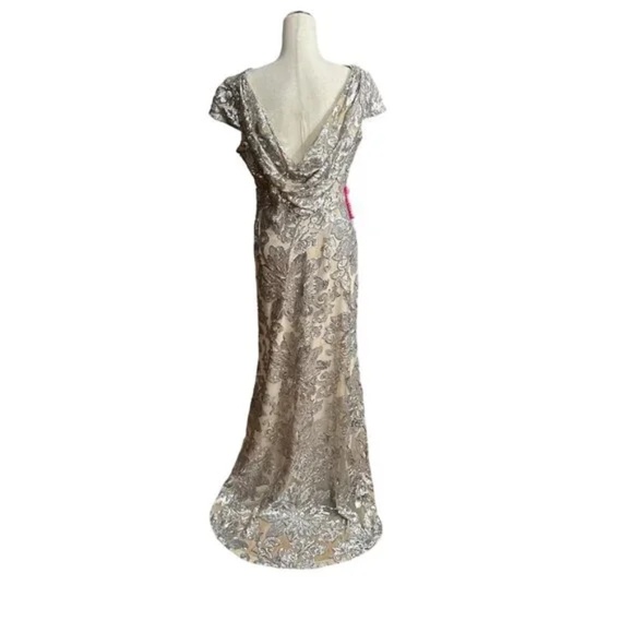 Calvin Klein Sequined Cap Sleeve Draped-Back Champagne Gown Dress, Size 2 - Picture 2 of 5